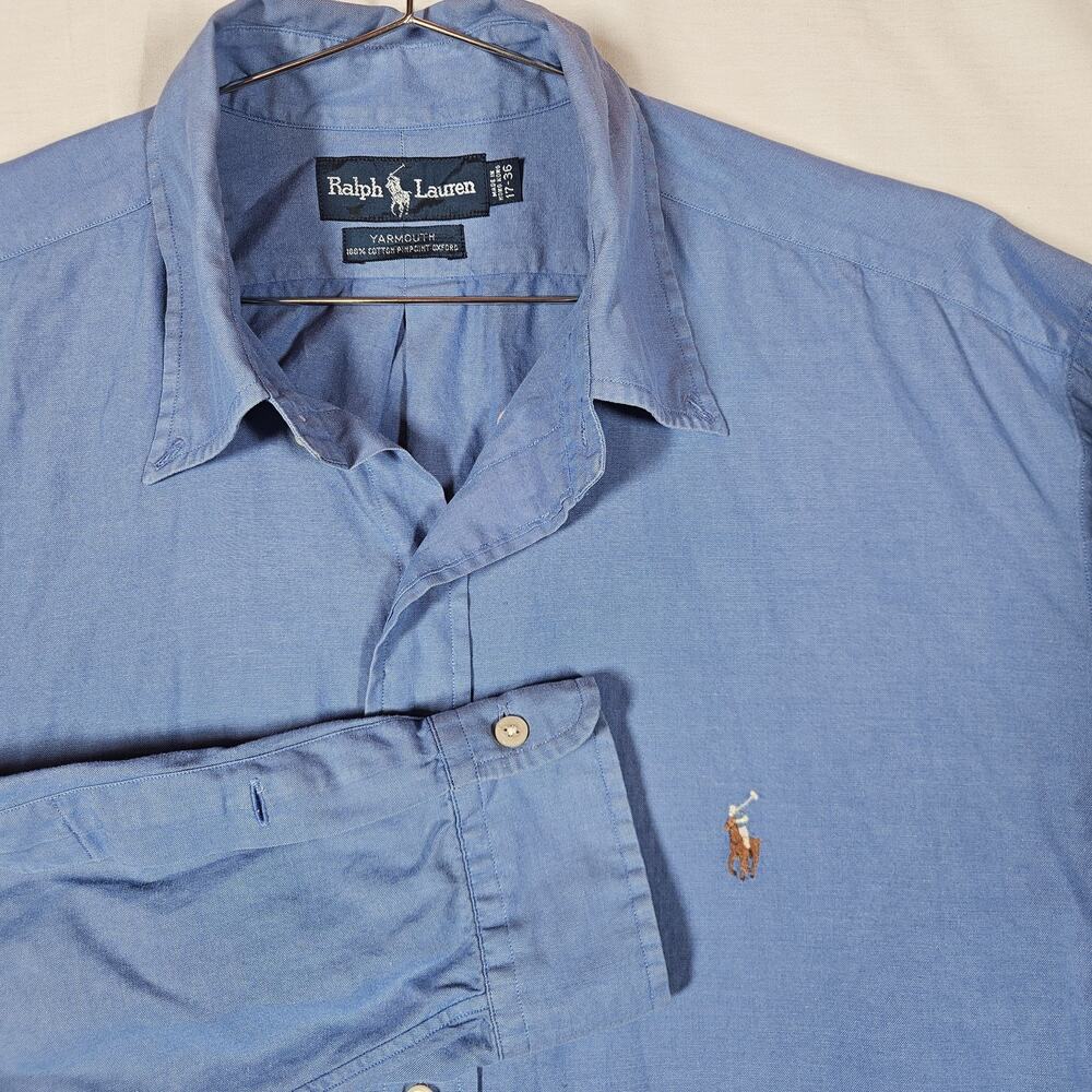 Vintage Ralph Lauren Dress Shirt Mens XL 17 - 36 Blue Solid Yarmouth Long Sleeve